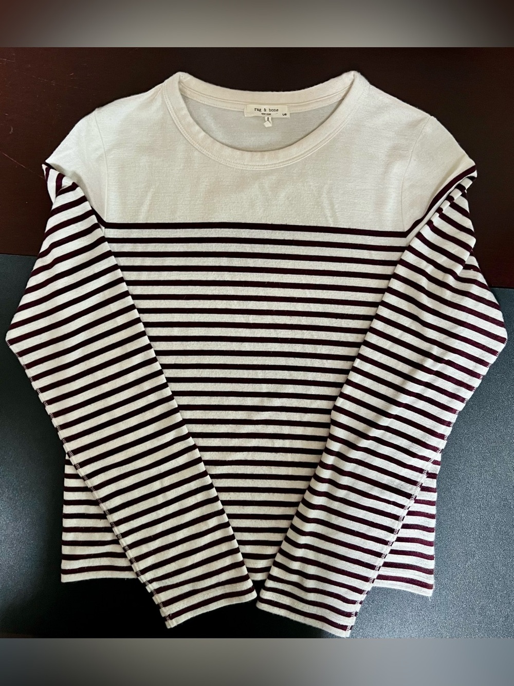 RAG & BONE Knit Breton Long Sleeve Cream and Chocolate Brown Striped Sweater